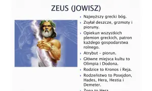 Zeus, król bogów w mitologii greckiej, dzierży piorun. Jego atrybuty to władza i opieka nad ludzkością.
