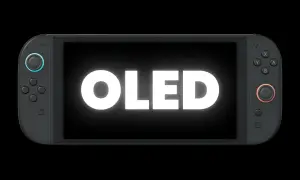 Konsola Nintendo Switch OLED z białym napisem "OLED" na ekranie.