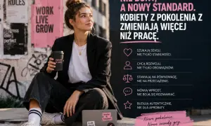 Reklama przypominająca: młoda kobieta z kawą, symbolizująca nowe pokolenie, które zmienia zasady gry i buduje lepsze jutro.