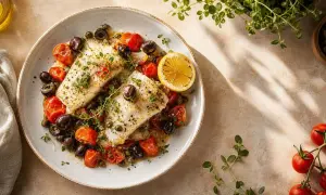 Deux dos de cabillaud savoureux, accompagnés de tomates cerises, d'olives noires et de câpres, le tout garni de thym frais et d'une tranche de citron.