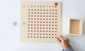 Tabla de fichas de multiplicaciones con cuentas rojas y números. Una mano coloca una cuenta, aprendiendo las tablas.