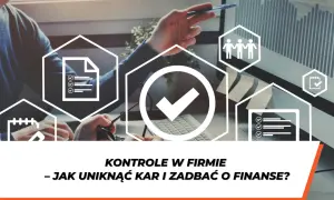 Przedsiębiorca analizuje dane, by uniknąć kontroli i zadbać o finanse. Ikony symbolizują dokumenty, zespół i kalendarz.