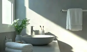 Lavabo moderno con encimera y paredes de microcemento baño. Toallas blancas, plantas y dispensadores de jabón.