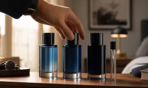 Dłoń sięga po flakonik perfum. Na drewnianym blacie stoją trzy butelki Christian Dior Sauvage w odcieniach błękitu i granatu, obok mały atomizer.