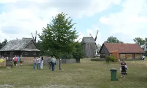 Skansen Osiek: drewniane budynki, wiatraki i ludzie spacerujący po trawie.