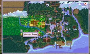 Mapa Stardew Valley Expanded z zaznaczonym Wieżą Czarodzieja. Widać farmę, miasteczko i lasy.