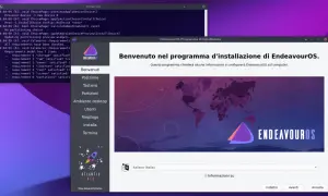 Ekran instalacyjny EndeavourOS wita użytkownika. Widać menu z opcjami instalacji i logo systemu.