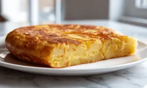 Chrupiąca tortilla ziemniaczana z air fryera na białym talerzu.