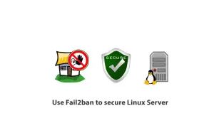 Icône d'une maison barrée, d'un bouclier "SECURE" et d'un serveur Linux avec un pingouin. Fail2ban protège votre serveur Debian.