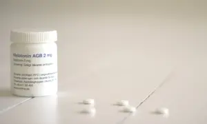 En burk med melatonin till barn, 2 mg, står på ett vitt bord. Några tabletter ligger utspridda framför.