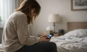 En kvinna sitter på en säng och tittar ner på sin telefon. Hon verkar ensam, kanske upplever atypisk depression.