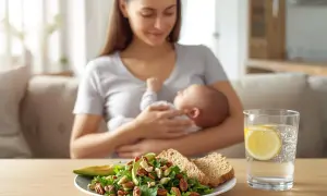 Karmienie piersią a dieta: zdrowa sałatka, pieczywo i woda z cytryną dla mamy.