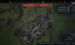 Mapa Hogsmeade z zaznaczonymi miejscami do odkrycia. Widoczne ikony skrzyń skarbów, stron przewodnika i posążków demimoza.