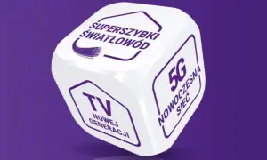 Kostka z napisami: superszybki światłowód, TV nowej generacji, 5G. Szybkie połączenia z infolinią Play to klucz do nowoczesności.
