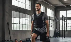 Mann mit Gewichtsweste im Alltag, hebt Kettlebells im Fitnessstudio.