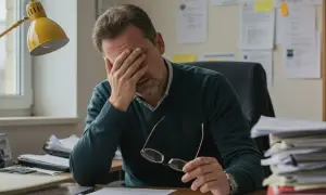 Zmęczony mężczyzna w okularach, z ręką na czole, siedzi przy biurku. Może to być stres związany z pracą lub problemami zdrowotnymi, jak np. renta na odwarstwienie siatkówki.