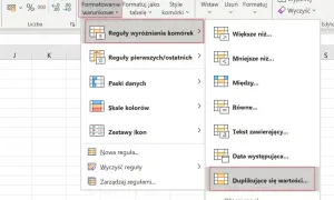 Excel: Formatowanie warunkowe > Reguły wyróżniania komórek > Duplikujące się wartości. Pomaga to usunąć duplikaty w arkuszu.
