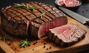 Un délicieux pave de lieu, grillé à la perfection, coupé en tranches rosées, garni de romarin et de grains de poivre sur une planche en bois.