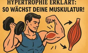 Mann hebt Hantel, zeigt Bizeps. Pfeile zeigen auf Muskel, der wächst. Hypertrophie erklärt: So wächst deine Muskulatur!