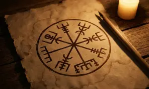 Starożytny symbol vegvisir narysowany na pożółkłym pergaminie, obok świecy i pióra.