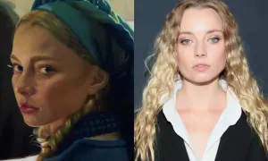Obok obrazu z Jagną w niebieskim nakryciu głowy, zdjęcie współczesnej kobiety z falowanymi blond włosami.