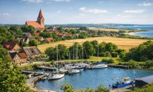 Idyllischer Hafen mit Segelbooten und Kirche. Entdecken Sie Fehmarn Geheimtipps in diesem malerischen Ort.