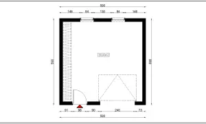 Projekt garażu na zgłoszenie, wymiary 590x590 cm, powierzchnia 30m2. Widok z góry z wymiarowaniem.