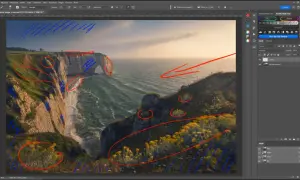 Schermata di Photoshop con un paesaggio di scogliere, evidenziato con segni rossi e blu. Si vedono strumenti di editing e pannelli, inclusi i livelli e i canali, suggerendo un lavoro di fotoritocco con tecniche come il **color dodge**.
