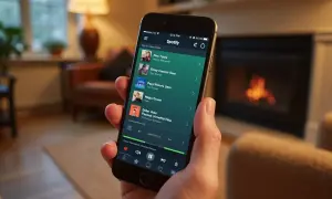 Dłoń trzyma smartfon z otwartą aplikacją Spotify, na ekranie widoczna lista utworów.