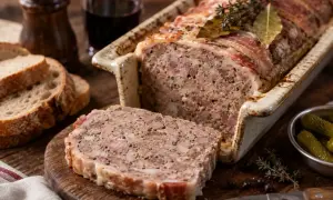Terrine de sanglier en croûte de lard, servie avec du pain et des cornichons.