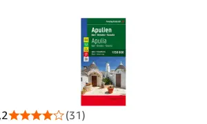Karta över Apulien, Italien, med fokus på Bari, Brindisi och Taranto. Bilden visar typiska trulli-hus.