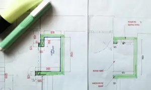 Disegno tecnico con evidenziature verdi e pennarelli, forse per una variazione catastale dopo 20 anni.