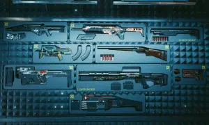 Kolekcja futurystycznych broni z Cyberpunk 2077, w tym karabiny i strzelby, gotowa do walki. To najlepsze bronie, jakie możesz zdobyć.