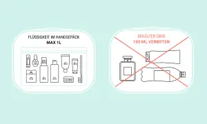 Flüssigkeiten im Handgepäck: Kleine Flaschen bis 100 ml sind erlaubt, größere Behälter sind im Flugzeug verboten.