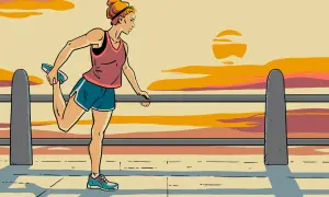 A woman stretches her leg before an epic sunset, ready for iron man races.