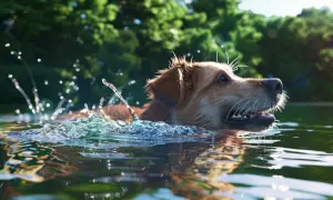 Złoty retriever radośnie pływa w jeziorze, rozpryskując wodę. Czy każdy pies umie pływać? Ten z pewnością tak!