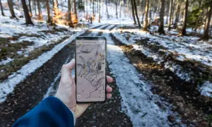 Telefon z mapą pokazuje skopiec trasę w zimowym lesie.