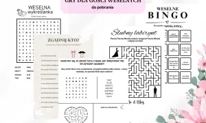Gry weselne dla gości: wykreślanka, bingo, labirynt i zgadywanki. Zabawy pomogą umilić czas oczekiwania na Parę Młodą.