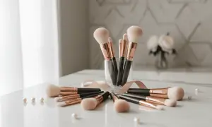 Un ensemble de pinceaux de maquillage aux manches noirs et dorés, disposés en cercle sur une table marbrée. Un ruban rose pâle les entoure, rappelant l'importance de nettoyer pinceau maquillage pour une peau saine.