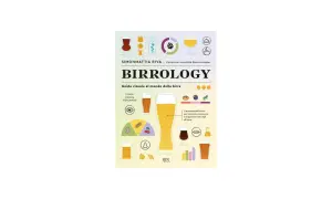 Copertina del libro "Birrologia", una guida visiva alla birra, con illustrazioni di bicchieri di birra bionda e altri tipi.
