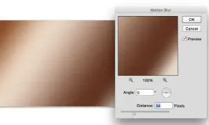 Finestra di dialogo "Motion Blur" in Photoshop, applica un effetto metallo con sfumature di bronzo e un leggero movimento.