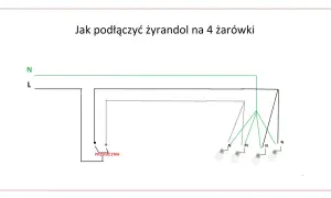 Schemat pokazuje, jak podłączyć żyrandol na 4 żarówki. Linie L i N prowadzą do przełącznika, a następnie do żarówek.