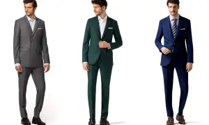 Drei Männer in eleganten, semi-formellen Anzügen: grau, grün und blau.