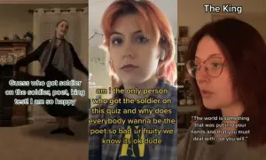 Trzy klipy wideo: dziewczyna tańczy, druga pyta o wynik testu "żołnierz, poeta, król", trzecia mówi o świecie.