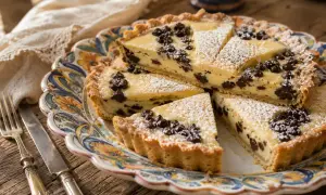 Una deliziosa torta di ricotta siciliana, cosparsa di zucchero a velo e gocce di cioccolato, servita su un piatto decorato.