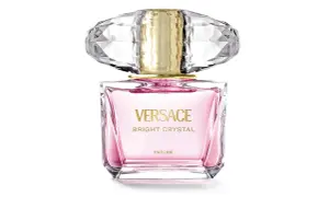 Różowy flakonik perfum Versace Bright Crystal 90ml z kryształową nakrętką i złotymi detalami.