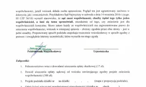 Wniosek o zniesienie współwłasności i dział spadku, z załącznikami: pełnomocnictwo, dowody opłat, projekt podziału działki i odpis księgi wieczystej.