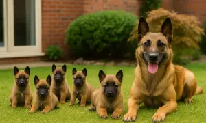 Urocza rodzina owczarków belgijskich na trawie. Czy owczarek belgijski jest agresywny? Te szczenięta i ich mama wyglądają na bardzo przyjazne!