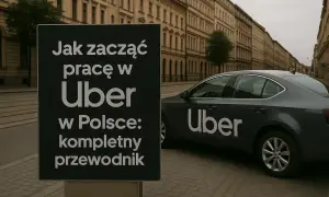 Tablica informuje, jak zostać kierowcą Ubera w Polsce. Obok stoi ciemny samochód z logo Uber.
