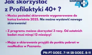 Grafika z tekstem "Jak skorzystać z Profilaktyki 40+?" i logo programu.
